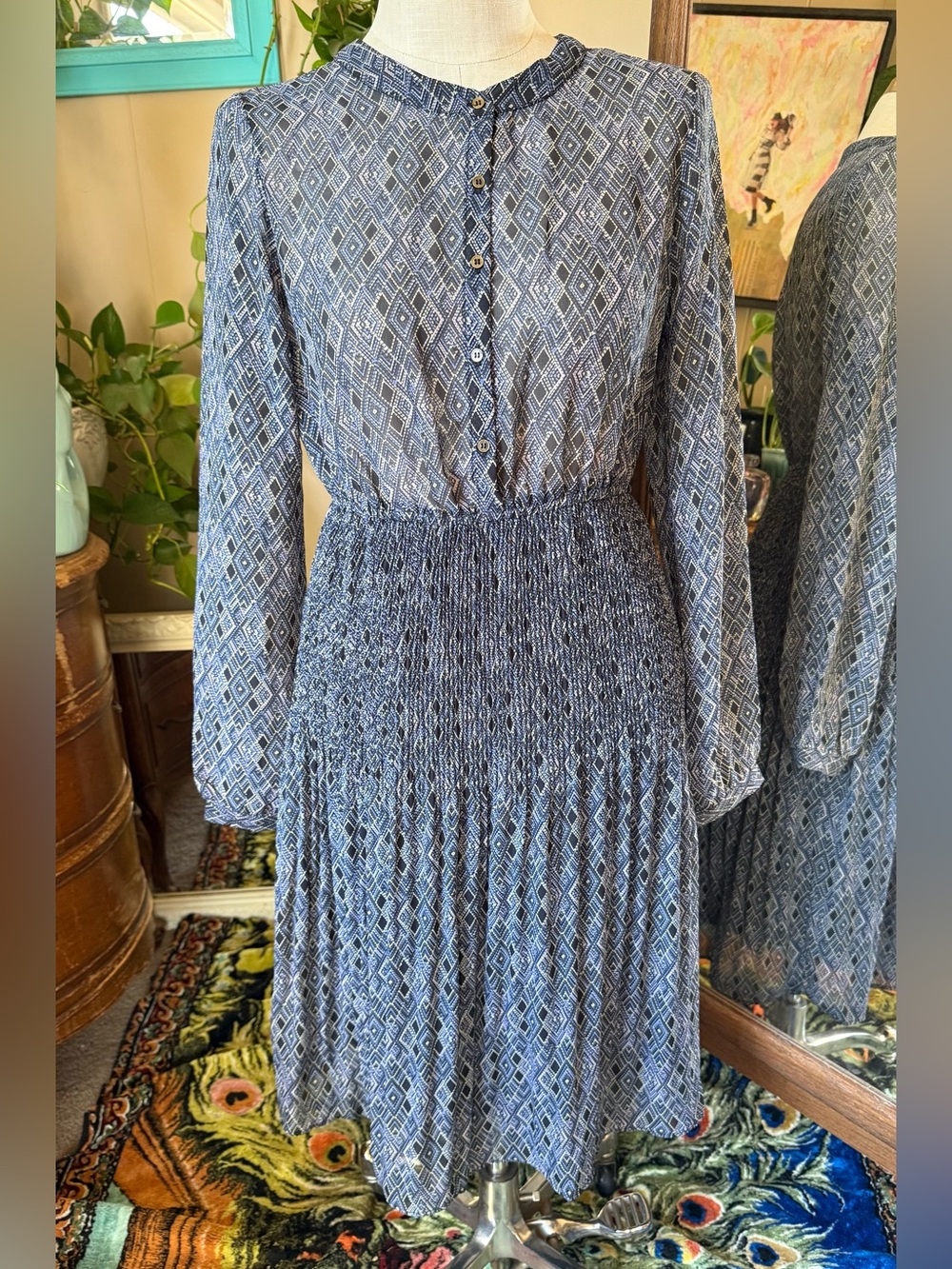 Forever 21 Contemporary Blue Geometric Long-Sleeve Pleated Midi Dress, Large